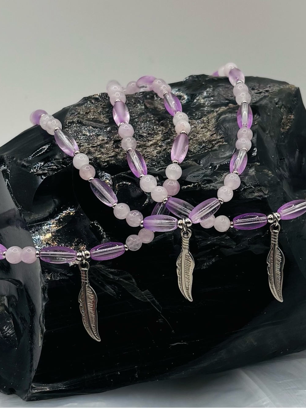 *ANKLET* S.Steel Feather & Purple Frosted Glass & Stone Crystal Stretchy Anklet